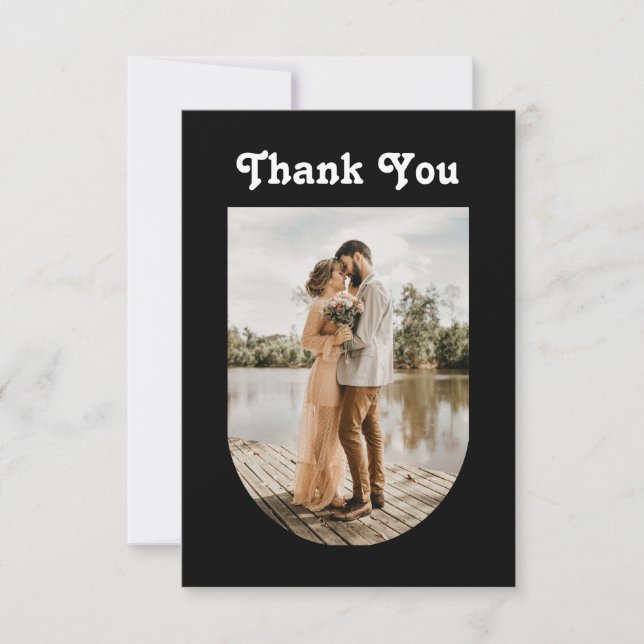 Black Modern Wedding | Minimalist Clean Arch Photo Thank You Card (Front)
