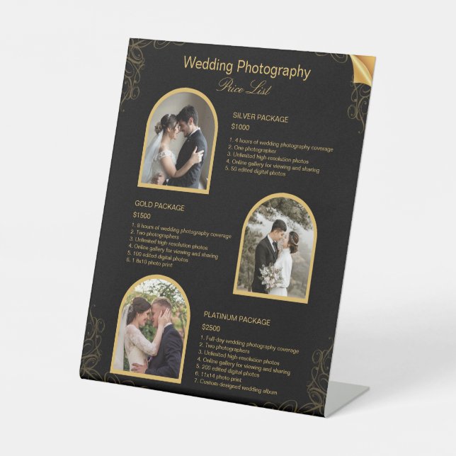 Black Modern Wedding Photography Price List Pedestal Sign (Front)