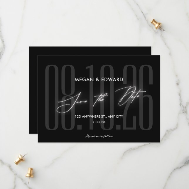 Black Modern wedding Save The Date (Front/Back In Situ)