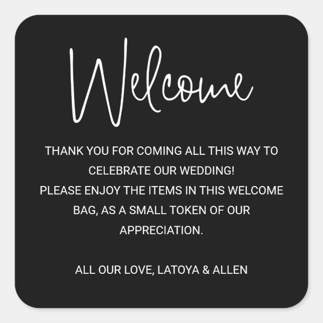 Black Modern Wedding Welcome Gift Bag Basket Square Sticker (Front)