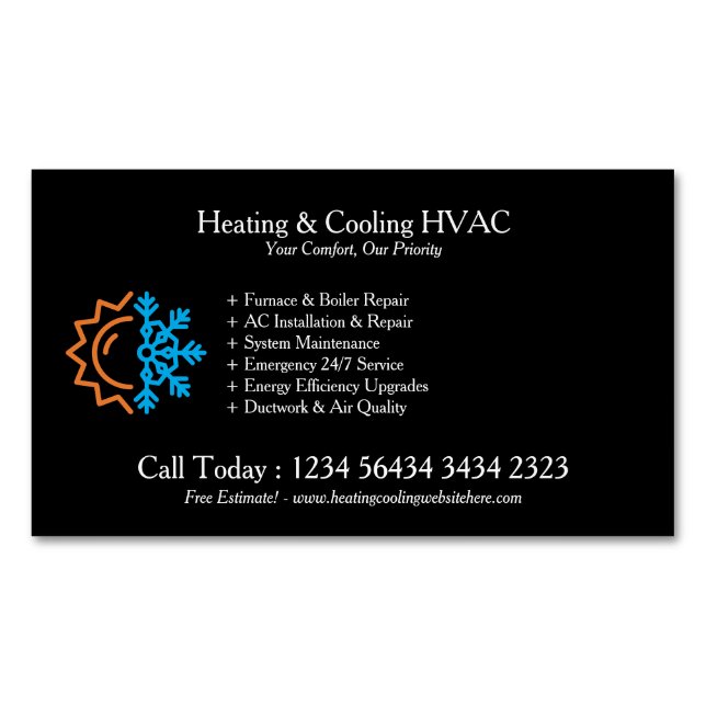 Black Modern White Heating & Cooling Magnetic Business Card (Front)