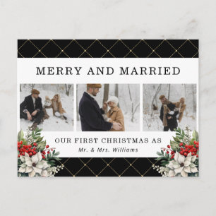 Black Modern Winter Botanicals Photo Newlywed Holiday Postcard