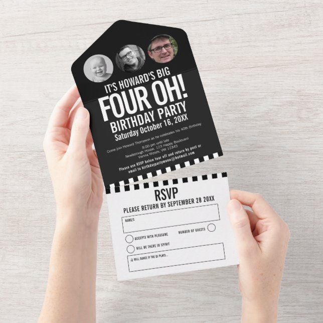 Black mono photo circles stripes 40th Birthday All In One Invitation (Tearaway)