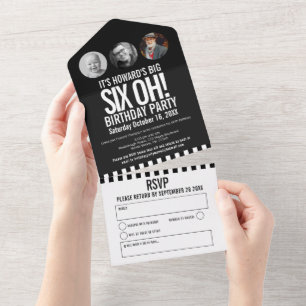 Black mono photo circles stripes 60th Birthday All In One Invitation