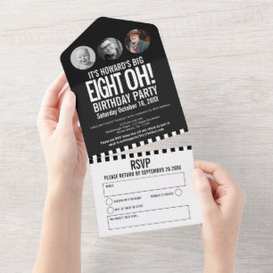 Black mono photo circles stripes 80th Birthday All In One Invitation