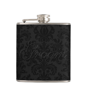 Black Monochromatic Floral Damasks Monogram Hip Flask