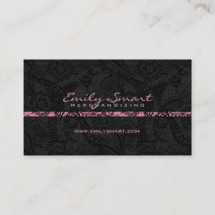 Black Monochromatic Floral Lace Pink Accents Business Card