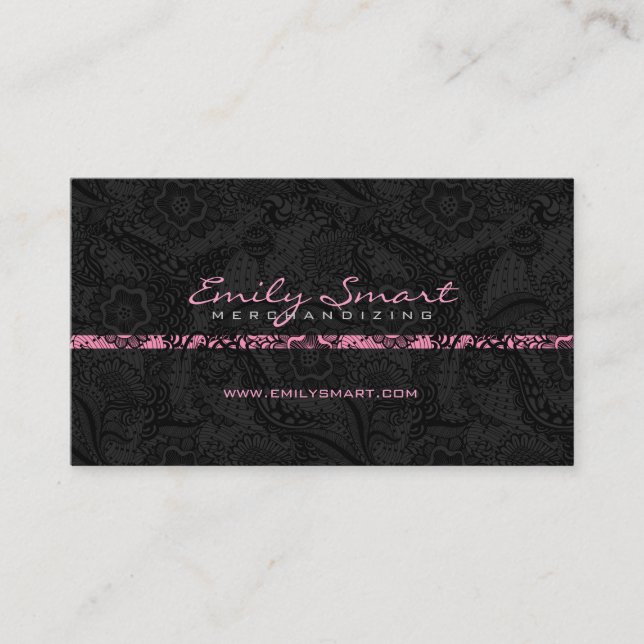 Black Monochromatic Floral Lace Pink Accents Business Card (Front)
