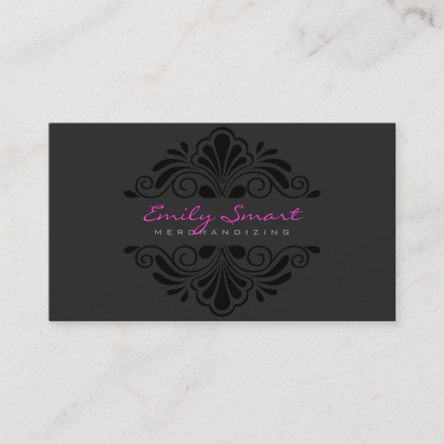 Black Monochromatic Girly Floral Design Business Card (Front)