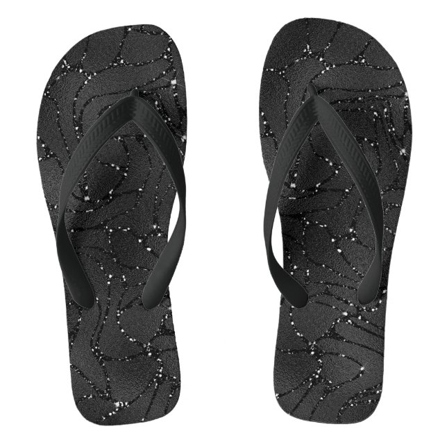 Black monochromatic glittery background flip flops (Footbed)