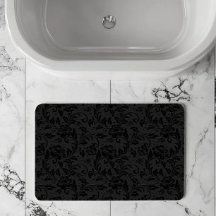 Black Monochromatic Vintage Damask Pattern Bath Mat