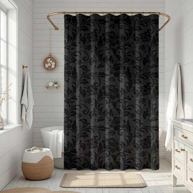 Black Monochromatic Vintage Damask Pattern Shower Curtain (Creator Uploaded)