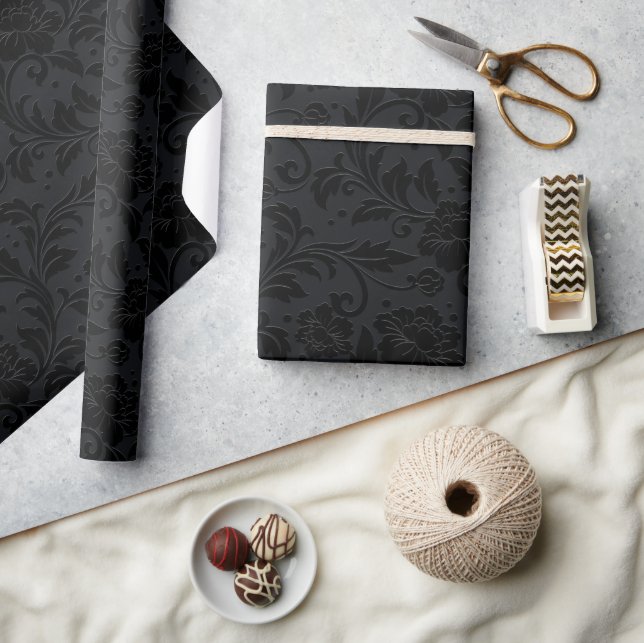 Black Monochromatic Vintage Damask Pattern Wrapping Paper (Crafts)