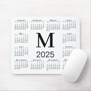Black Monogram 2025 Calendar on White Mouse Mat