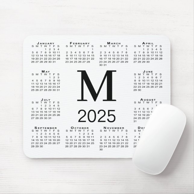 Black Monogram 2025 Calendar on White Mouse Mat (With Mouse)