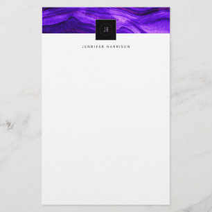Black Monogram Abstract Geode Dark Purple Agate Stationery