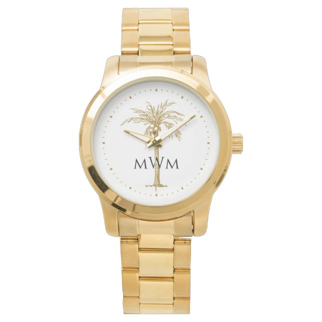 Black Monogram Artistic Tropical Gold Palm Tree Watch (Front)