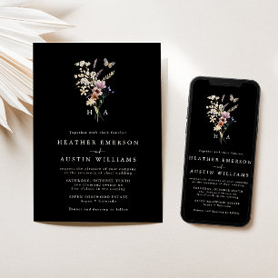 Black Monogram Boho Floral Wedding Invitation