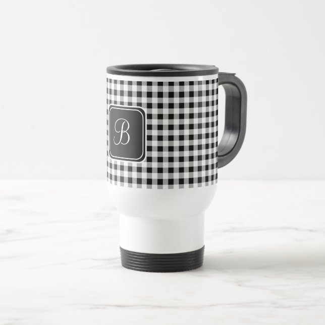 Black Monogram, Buffalo Check Stainless Steel Travel Mug (Front Right)