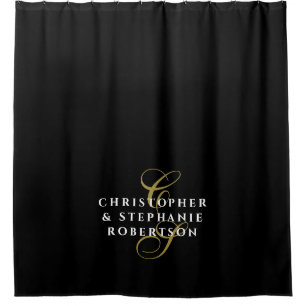 Black Monogram Couple Gold White Minimalist Chic Shower Curtain