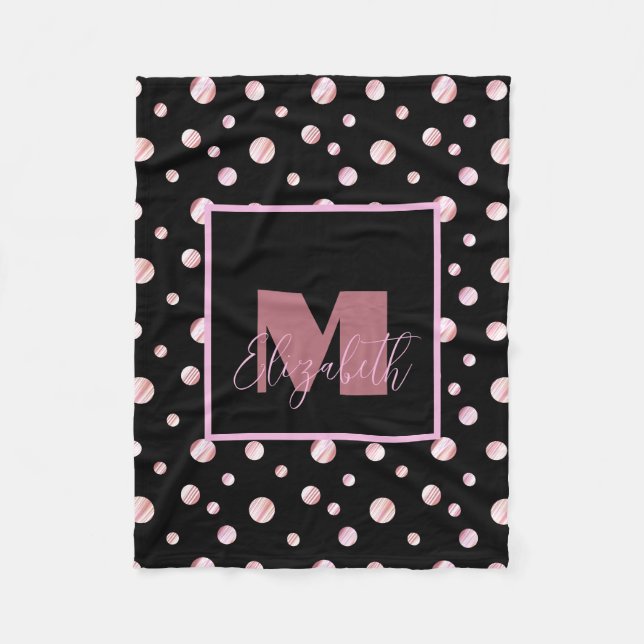Black Monogram Custom Name Polka Dots Geometric Ci Fleece Blanket (Front)