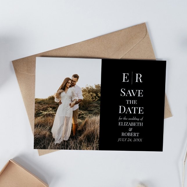 Black Monogram Custom Photo Save the Date Card (Black Monogram Custom Photo Save the Date Card on white table with neutral decoration.)