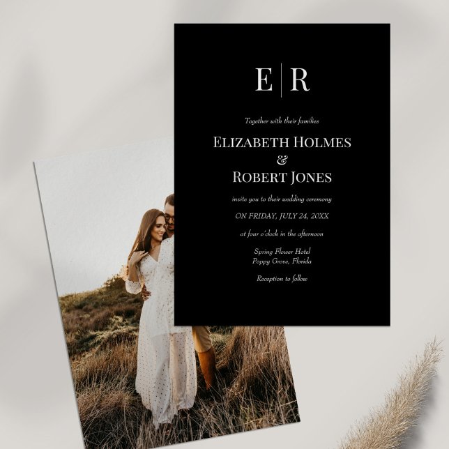 Black Monogram Custom Photo Wedding  Invitation (Black Monogram Custom Photo Wedding Invitation on white table with dry flower.)