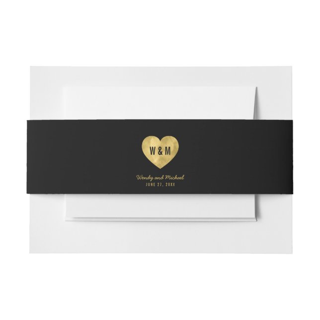 Black Monogram Faux Gold Heart Wedding Invitation Belly Band (Front Example)