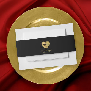 Black Monogram Faux Gold Heart Wedding Invitation Belly Band