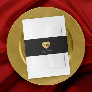 Black Monogram Faux Gold Heart Wedding Invitation Belly Band