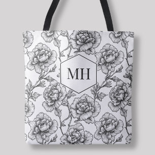 Black Monogram Floral Elegant Botanical Flowers Tote Bag