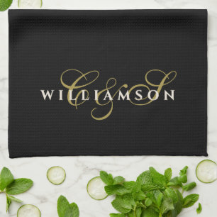 Black Monogram Gold Cream Minimalist Couple Chic Tea Towel