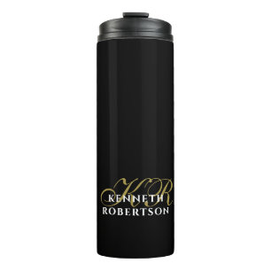 Black Monogram Gold White Minimalist Elegant Men  Thermal Tumbler