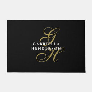 Black Monogram Gold White Name Minimalist Elegant Doormat