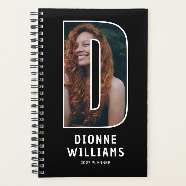 Black Monogram Initial 'D' Photo Planner (Front)