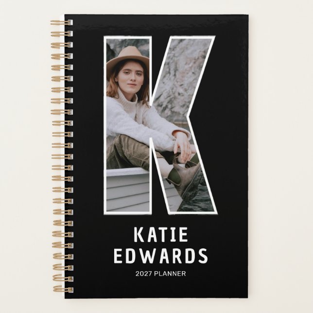 Black Monogram Initial 'K' Photo Planner (Front)