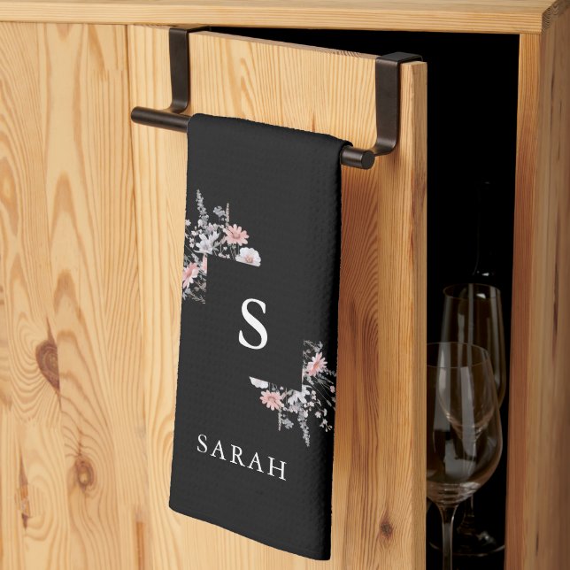 Black Monogram Initial Modern Mum Tea Dish Towel (Thirds Fold)