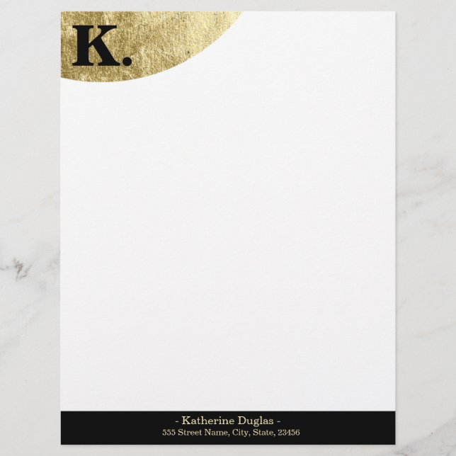  Black Monogram Initial on Gold Foil Luxury Custom Letterhead (Front)