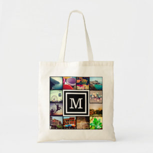 Black Monogram Instagram Photo Collage Tote Bag