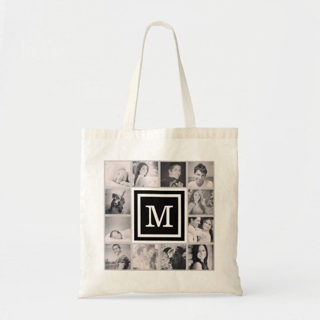 Black Monogram Instagram Photo Collage Tote Bag (Front)