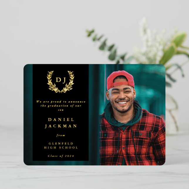 Black Monogram + Laurel Graduation Announcement (Standing Front)