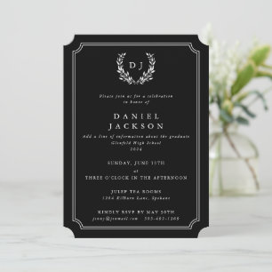 Black Monogram Laurel Wreath Graduation Invitation