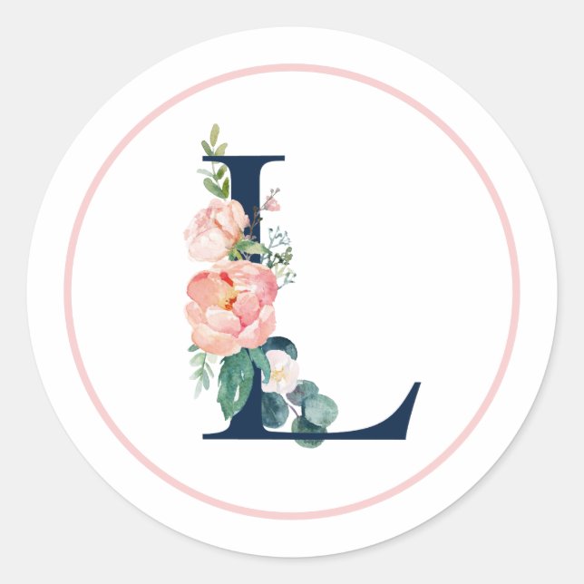 Black Monogram Letter L with Pink Flower Classic Round Sticker (Front)