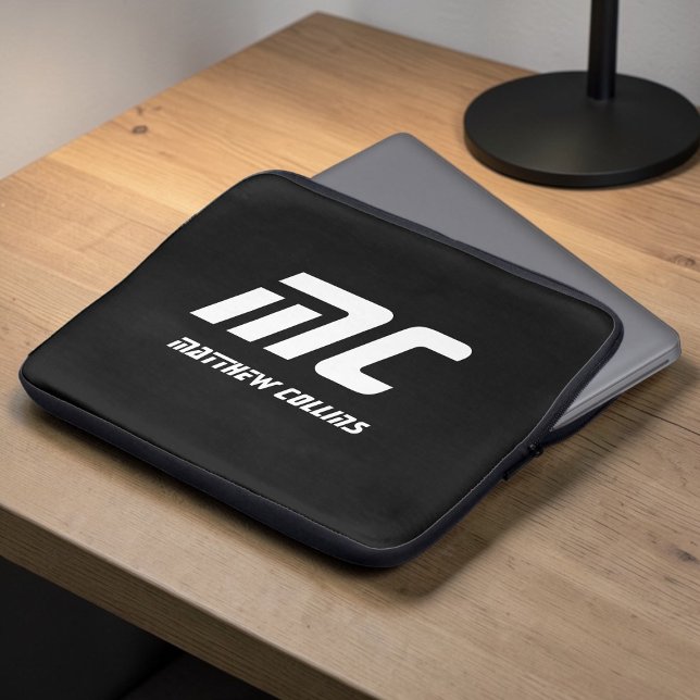 Black Monogram Minimalist Name White Text for Him Laptop Sleeve (Black Monogram Minimalist Name White Text for Him Laptop Sleeve)