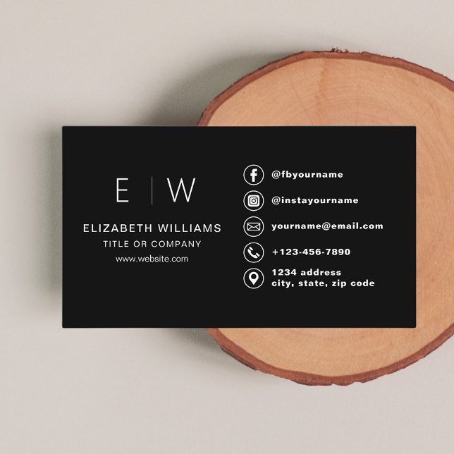 Black Monogram Minimalist Social Media Icons Business Card (Creator Uploaded)