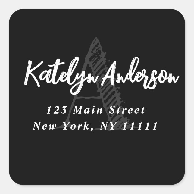Black Monogram Modern Square Return Address Label (Front)