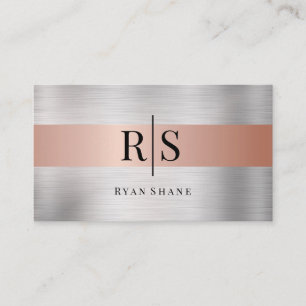 Black Monogram & Name, Brushed Silver & Rose Gold Business Card