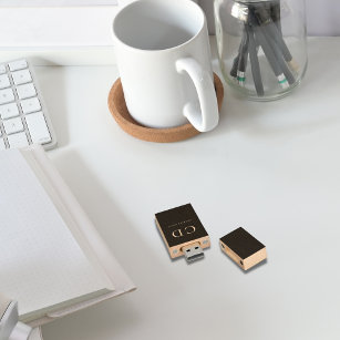 Black monogram name minimalist wood USB flash drive