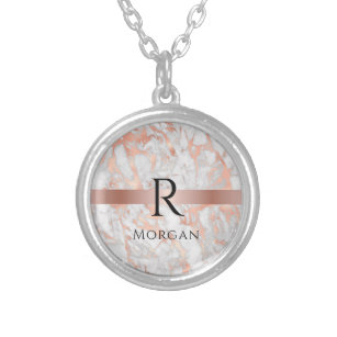 Black Monogram & Name, White & Rose Gold Marble Silver Plated Necklace