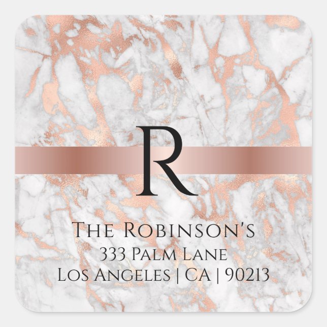 Black Monogram & Name, White & Rose Gold Marble Square Sticker (Front)